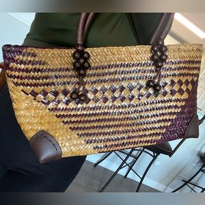 Handmade Thai woven straw krajood plant bag vegan leather & wooden bead details